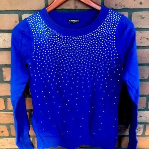 Express S long sleeve royal blue crew neck sweater with gemstones rhinestones
